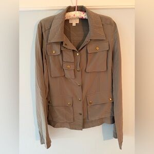 EUC - Hinge 100% Silk Utility Jacket in Army Green with Gold Buttons (M)